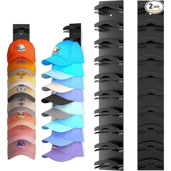 Hat Organizer for Baseball Caps 2Pack, Hat Rack for Wall with Strong Adhesive Hold up to 20 Hats, Hat Hanger Holder Display for Door Closet, Cap Organizer Storage Multilayer Two Mounting Option(Black
