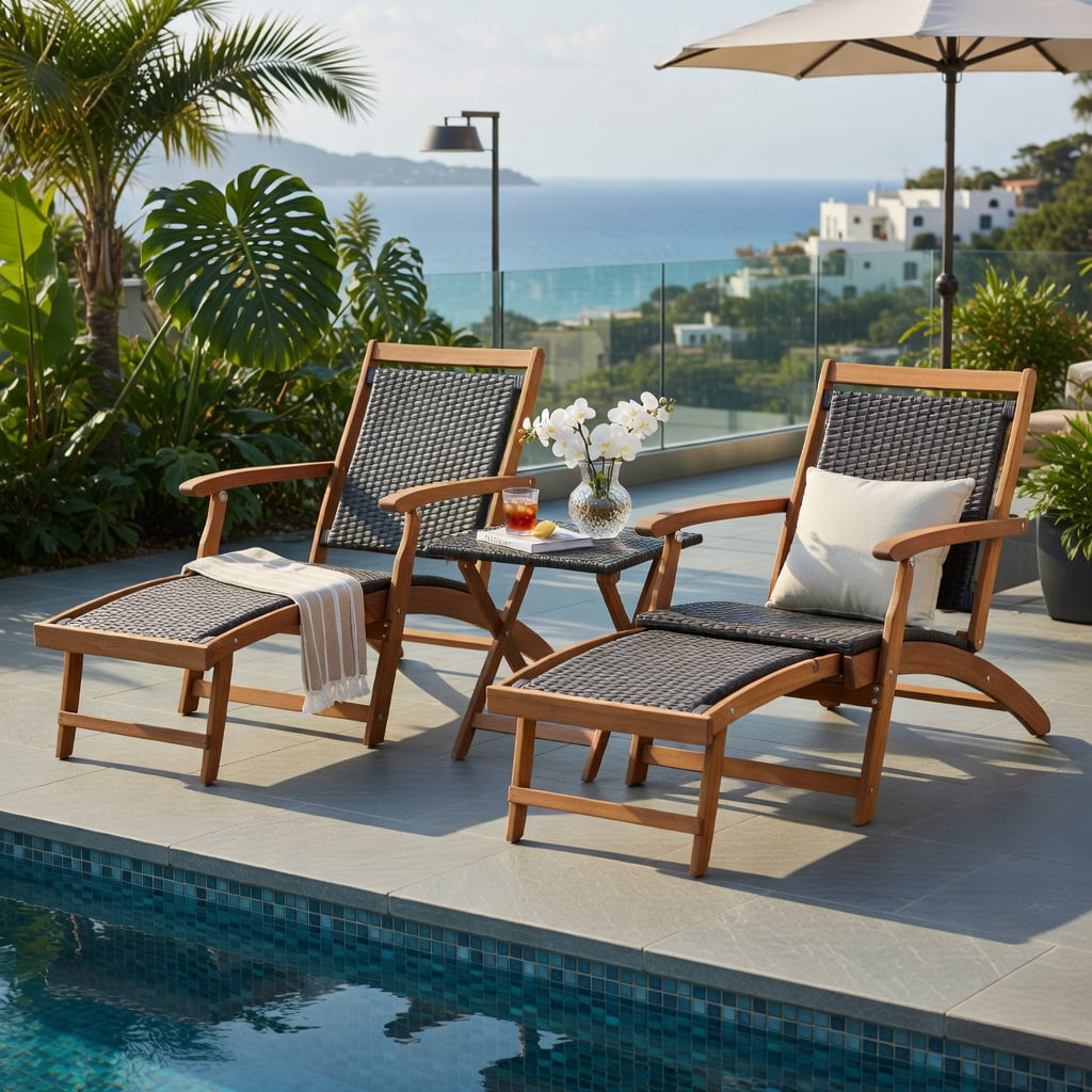 Hommoo 2-Piece Foldable Patio Lounge Set, PE Rattan Folding Chair with Acacia Wood Side Table for Backyard, Poolside & Garden, Brown