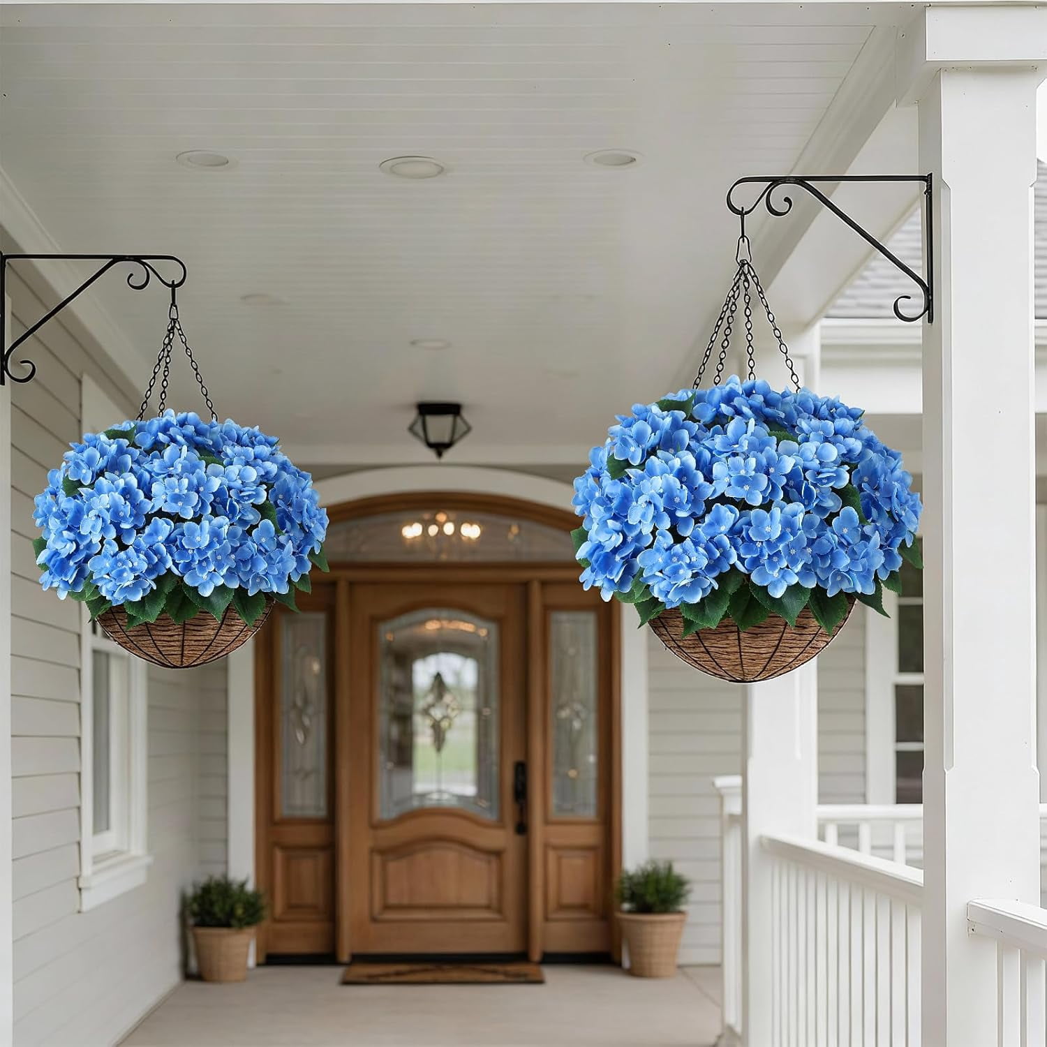 8 Bundles Artificial Hydrangea Flowers for Outdoor Decor, Realistic Faux Silk Bouquets Sun-Resistant Fake Plants for Front Door Balcony Farmhouse Garden Home Spring Summer Decor (Blue)