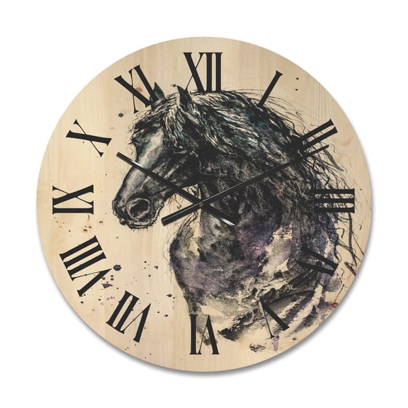 Designart 'Close Up of Friesian Horse With Long Manes' Farmhouse Wood Wall Clock