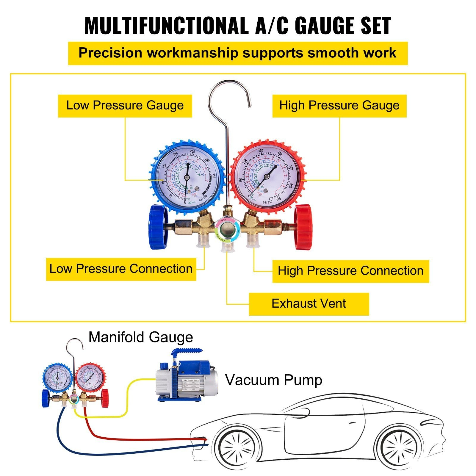 3CFM 1/4HP Single Stage Air Vacuum Pump HVAC R134a R12 R22 R410a A/C Refrigeration Kit AC Manifold Gauge R134 Can Tap Included Carrying Tote