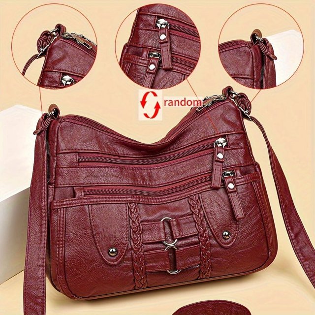 LHSHID Vintage chic rivet accent soft PU leather crossbody shoulder bag-spacious multi-zipper messenger bag with adjustable strap, perfect for women on-the-go-stylish, durable, and easy to clean