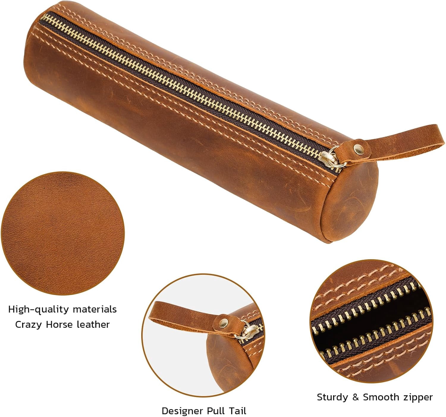 ABPETE Small Pencil Pouch-Genuine Full-Grain Leather Pencil Case for Men- Vintage Leather Pouch for Adults-Stationery Organizer Bag for Work & Travel-Cylinder-Brown