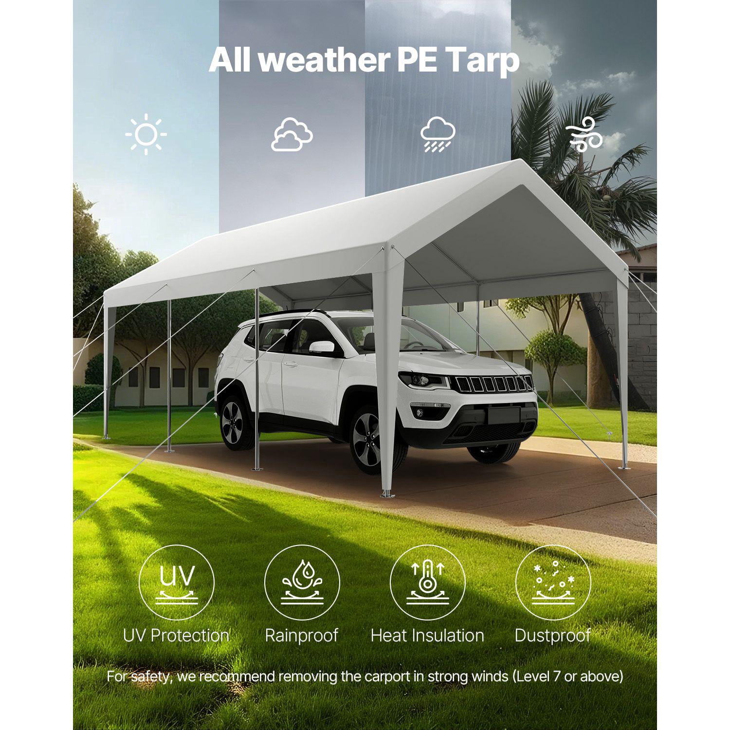 10x20 FT Heavy Duty Galvanized Steel Carport Outdoor Canopy UV Water Resistant All Season Shelter for Car Boat Motorcycle Storage White