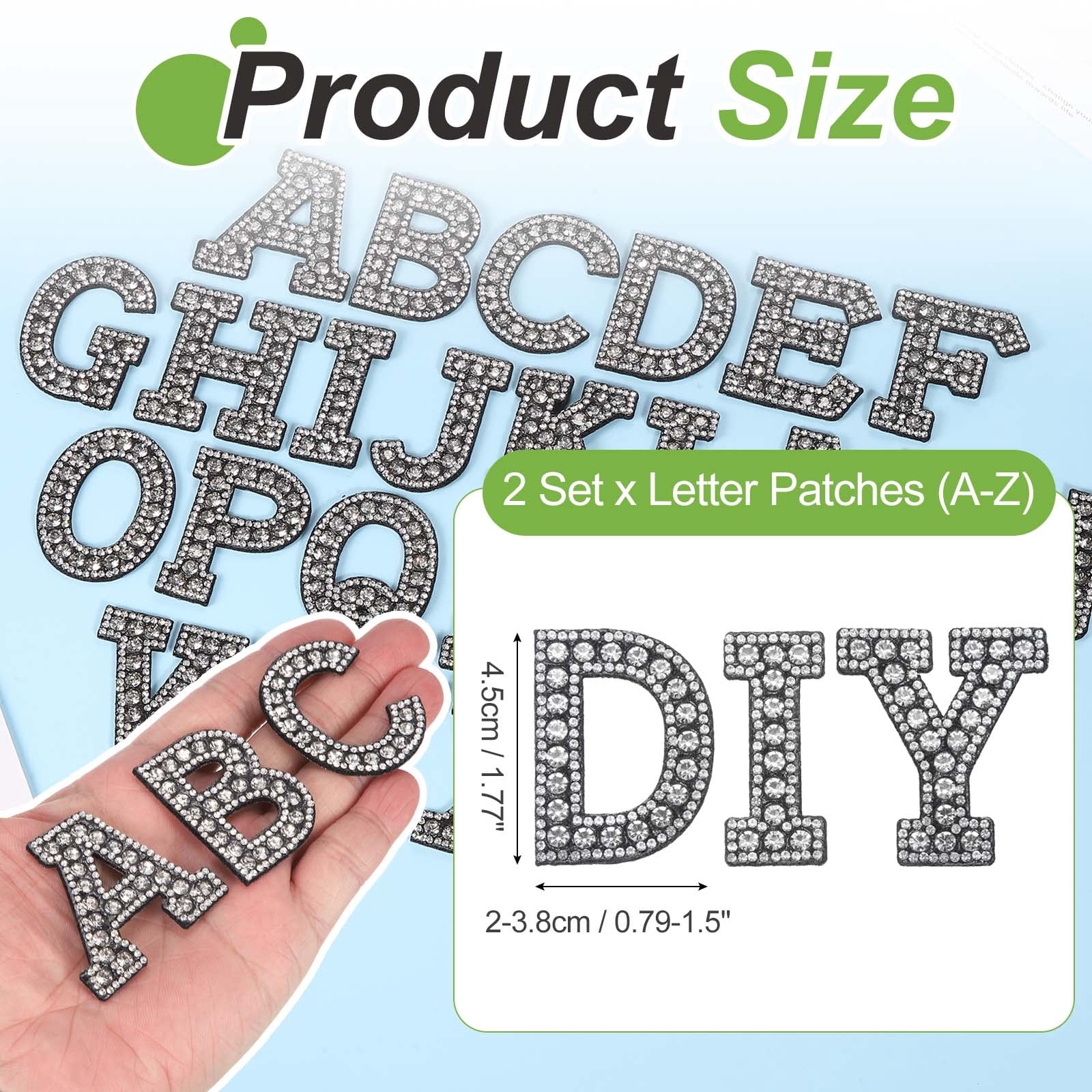 Uxcell 26pcs Letter Iron on Patch Decorative A-Z, Transparent Black Glitter Pearl Alphabet Applique Rhinestone English Letter for DIY Clothing Repair Hat Bag