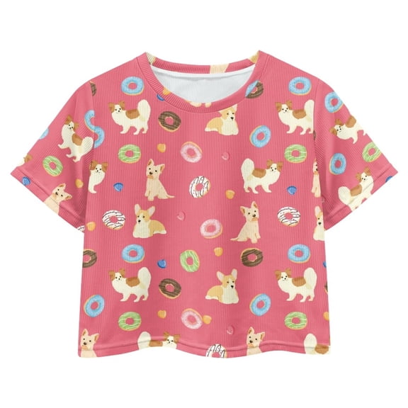 Uourmeti Dog Cute Crop Top for 7-8Y Girls Summer Short T Shirt Donuts Kids Casual Crewneck Pullover Lightweight Soft Athletic Short Sleeve