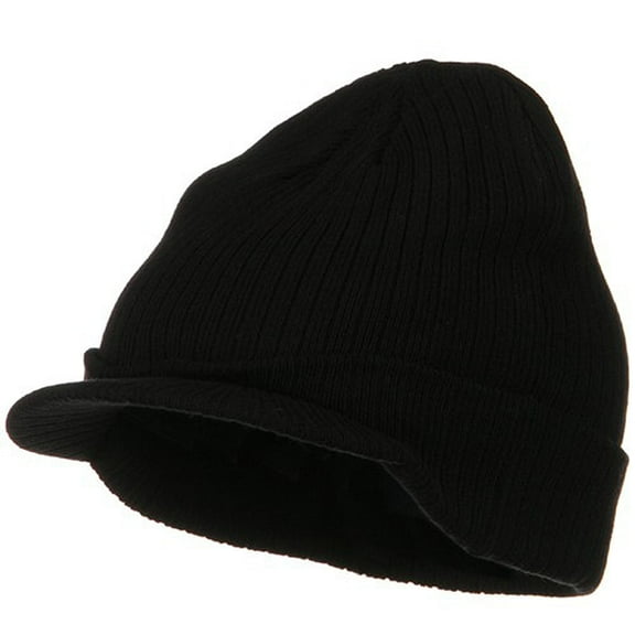 Big Knit Ribbed Beanie with Visor - Black XL-3XL