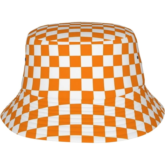 Orange White Checkered Pattern Sun Hats Washed Denim Bucket Hats Packable Beach Hats