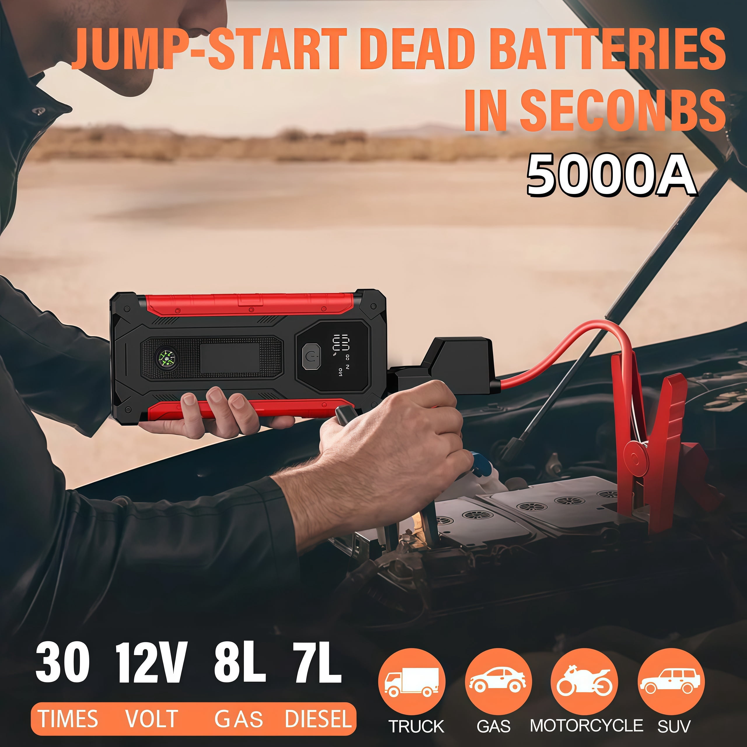 Car Jump Starter,5000A peak 12V Battery Jump Box with Quick Charge Out(up to 6.0L Gas and 4.0L Diesel Engines), Portable Battery Booster pack Power Bank Car Starter