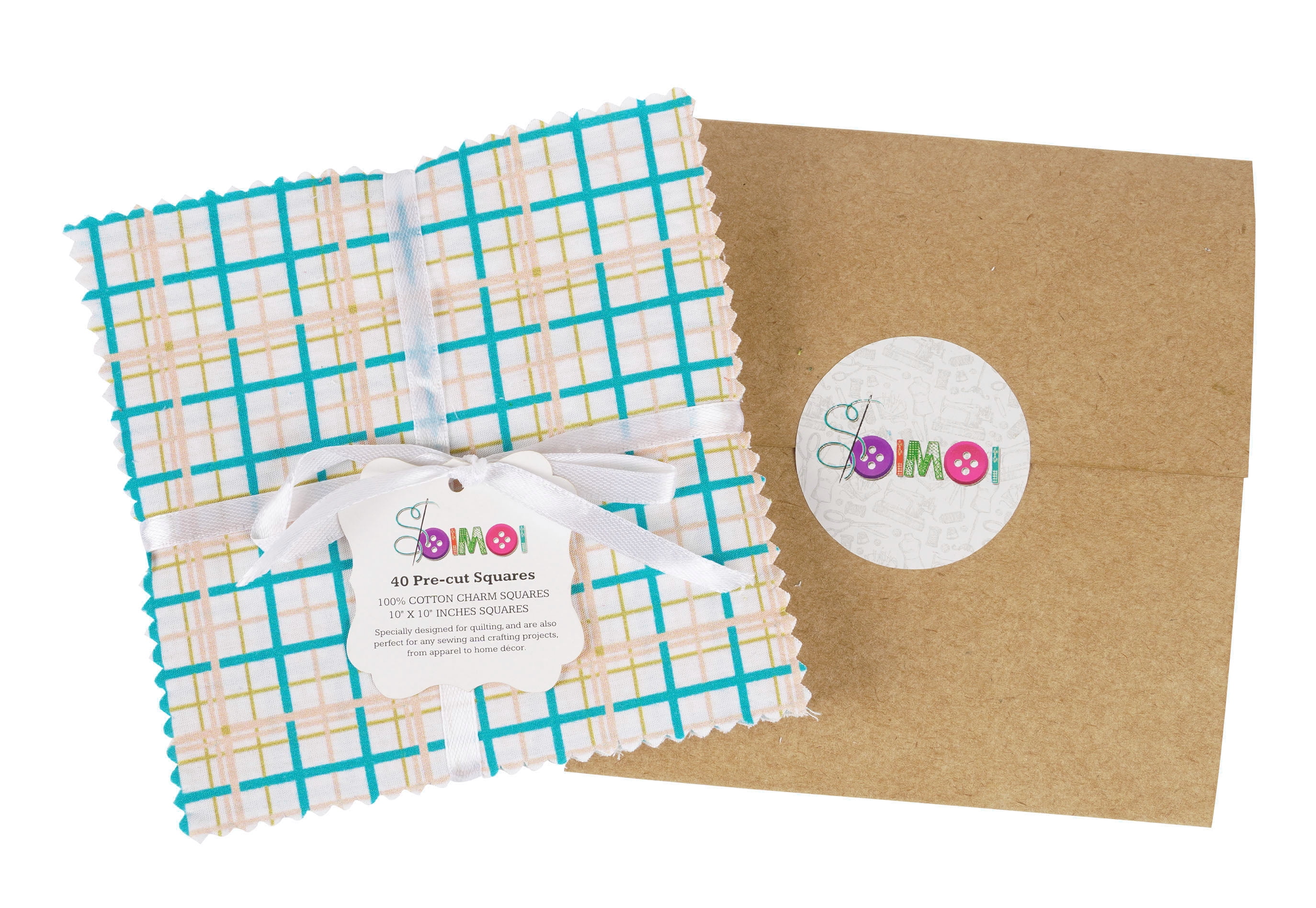 Soimoi Precut 10-inch Checks & Stripes Prints Cotton Fabric Bundle Quilting Squares Charm Pack DIY Patchwork Sewing Craft- Aqua Blue