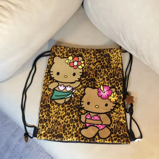 Bolsa de almacenamiento con estampado de leopardo de peluche de Hello Kitty Kawaii, bolsa para teléfono, bolso cruzado con cordón, lindas bolsas de hombro para guardar cosméticos para niñas