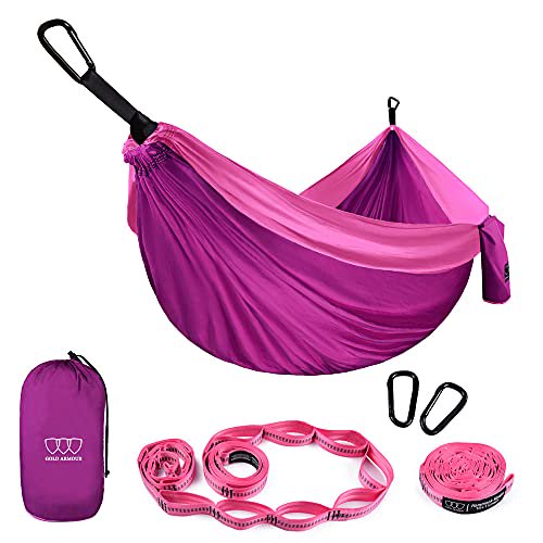 Gold Armour Camping Hammock - Extra Large Double Parachute Hammock USA Based Brand Lightweight Nylon Adults Teens Kids, Camping Accessories Gear (Fuchsia and Pink)