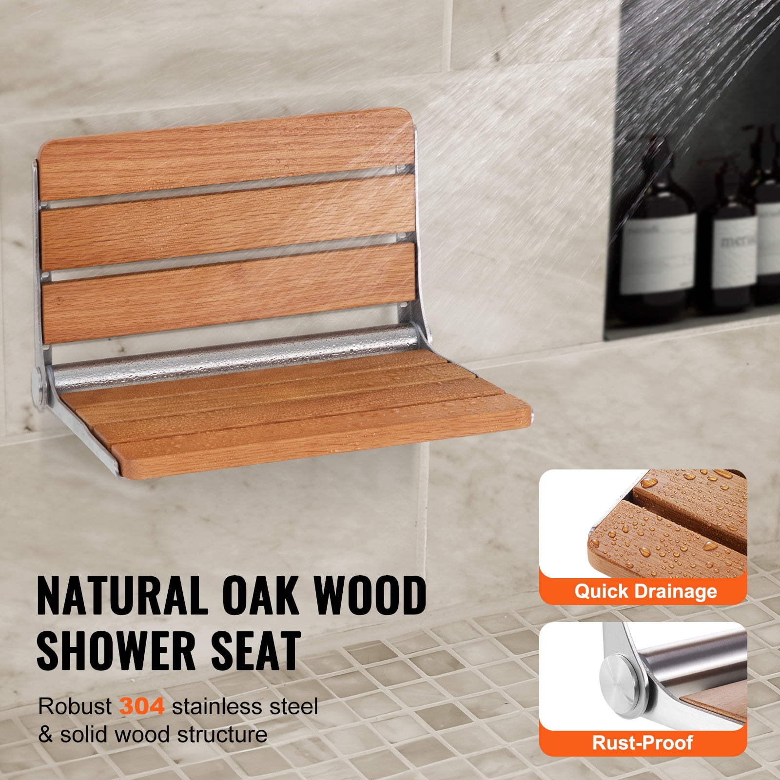 KFFKFF Oak Shower Bench, Wall Mount, 16.1" x 13.4", Folds Up, 440 lbs Capacity, Compact Design for Elderly, Pregnant, Kids