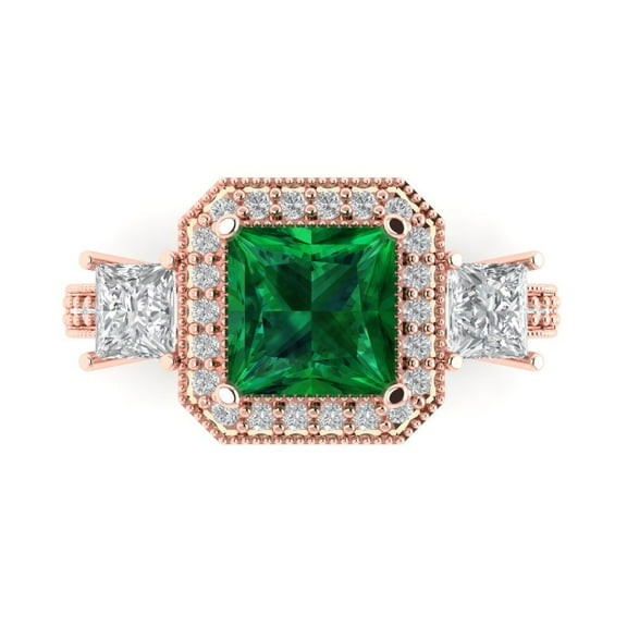 Three-Stone Engagement Ring for Women - 3.005ct Simulated Emerald in 18K Rose Gold Promise Ring