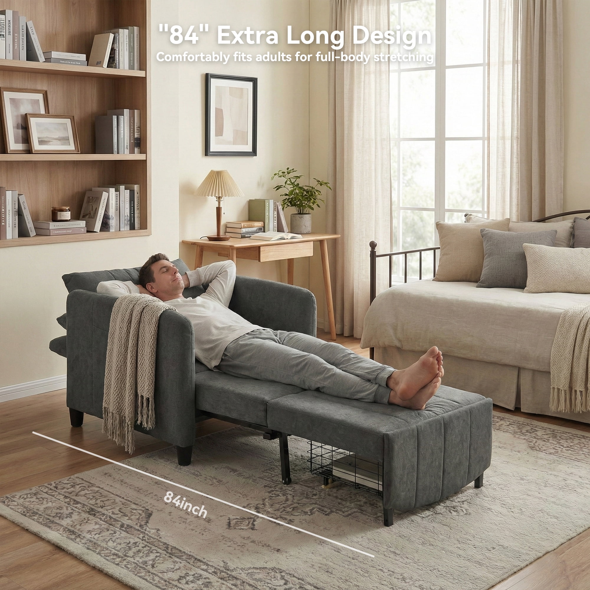 YIKEMA 4-in-1 Convertible Sleeper Chair Bed, 84 Inch Extra Long Pull Out Sofa for Tall Guests, Adjustable Backrest Lounge with Side Storage & Metal Frame, 500 lbs Capacity, Dark Gray