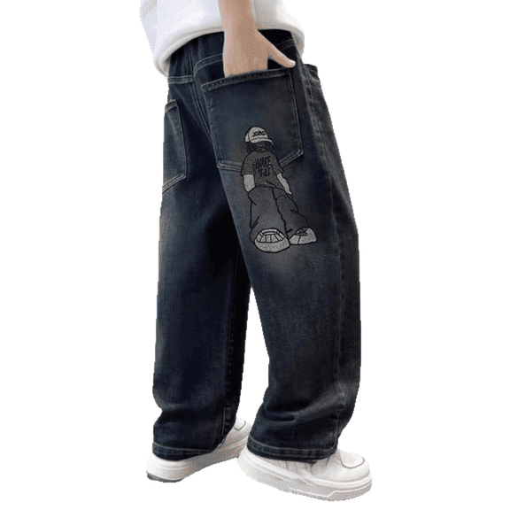 Boys Baggy Jeans Kids Casual Wide Leg Cargo Jeans Elastic Waist Denim Pants with Pockets Y2K Jean Pants Loose School Trousers