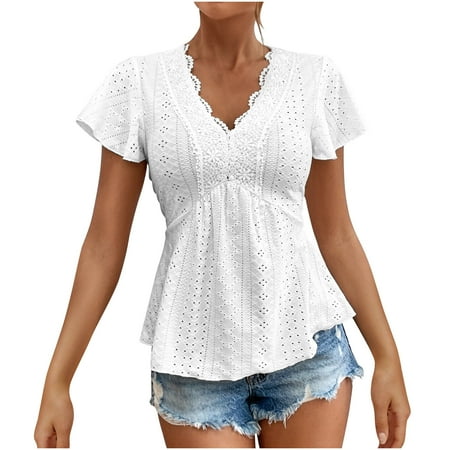 Clearance Deals Womens Slim Fit Tshirts Eyelet Summer Tops Scallop Lace V Neck Tunic Top Short Flutter Sleeve T-Shirts Dressy Casual Pleated Blouses Hollow Out Babydoll Clothes