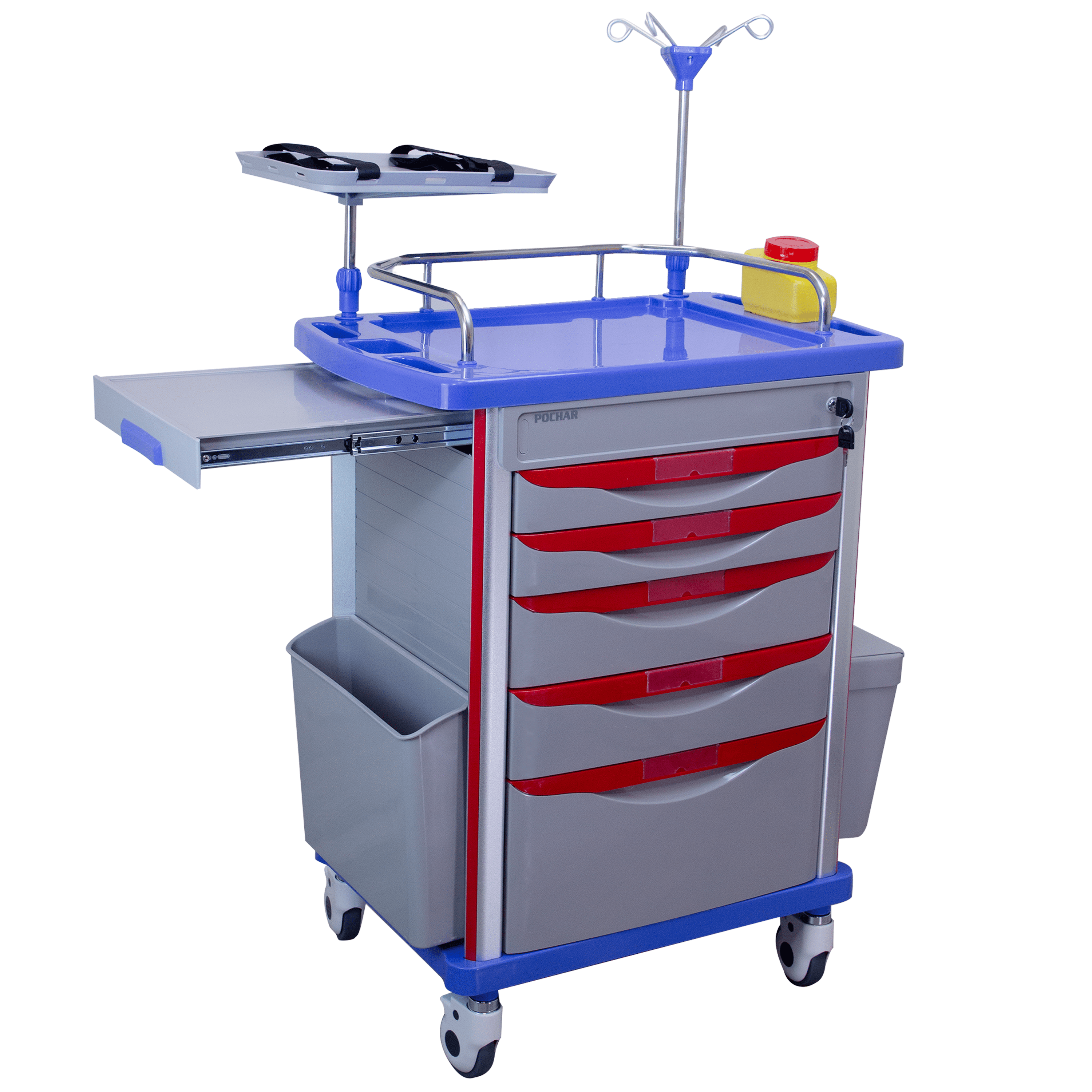 Medical Crash Cart for Hospital Emergency Rolling Cart with Drawers, Power Strip, IV Pole, AED