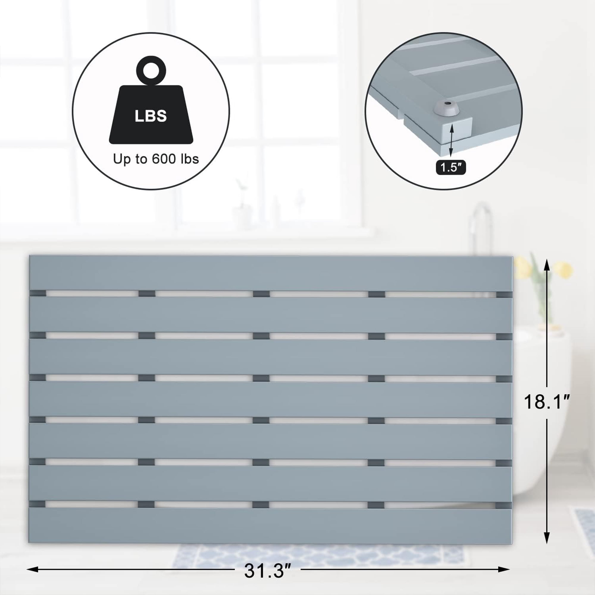 Bambloom Bamboo Shower Mat,Anti Slip Large Bathtub Mat,31x18in,Gray