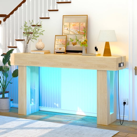 Haverchair 63 Inch Long Console Table with Outlets and USB Ports, Wooden Sofa Table Behind Couch with LED Lights, Farmhouse Rectangular Entryway Accent Table for Living Room, Hallway, Entrance