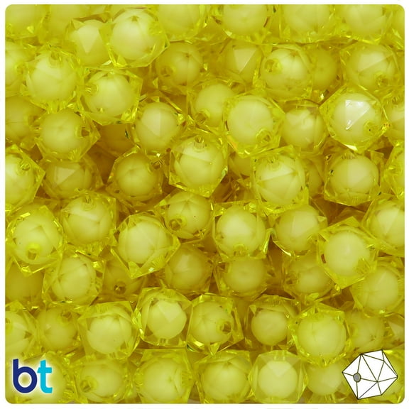 BeadTin Yellow Transparent & White Core 12mm Faceted Cube Plastic Beads (80pcs)