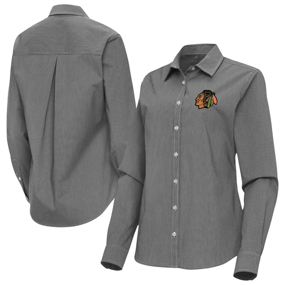 Women's Antigua Black Chicago Blackhawks Porter Woven Tri-Blend Long Sleeve Button-Up Shirt