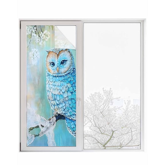 Window Privacy Film Blue Owl Stained Glass Window Film Decorative Sun Block Window Cover Watercolor Flower Bird on Branch Window Clings Static Adhesive Sticker for Bathroom 29.5"x78.7"