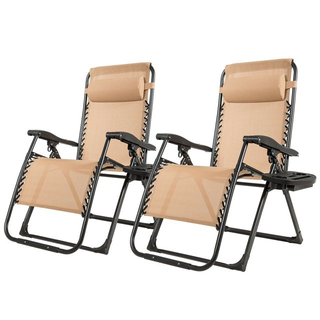 Gymax 2PCS Folding Zero Weighted Lounge Chair Recliner w/ Cup Holder Pillow Beige