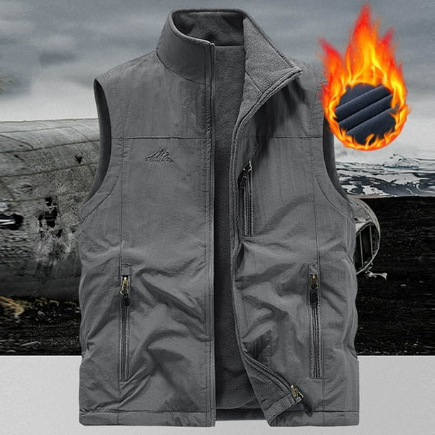 Camiseta sin mangas con cuello alto para hombre, color liso, para exteriores, con múltiples bolsillos, informal, de terciopelo y poliéster.