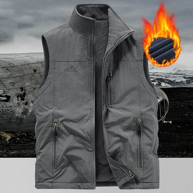 Ceisia Gilet Décontracté pour Homme, Couleur Unie, Extérieur, Multi-Poches, Col Montant, Réversible, Doublé de Velours, Gris, G, Cadeaux