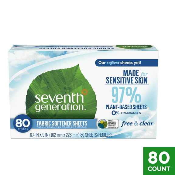 Seventh Generation Fabric Softener Dryer Sheets, Free and Clear, 80 Count