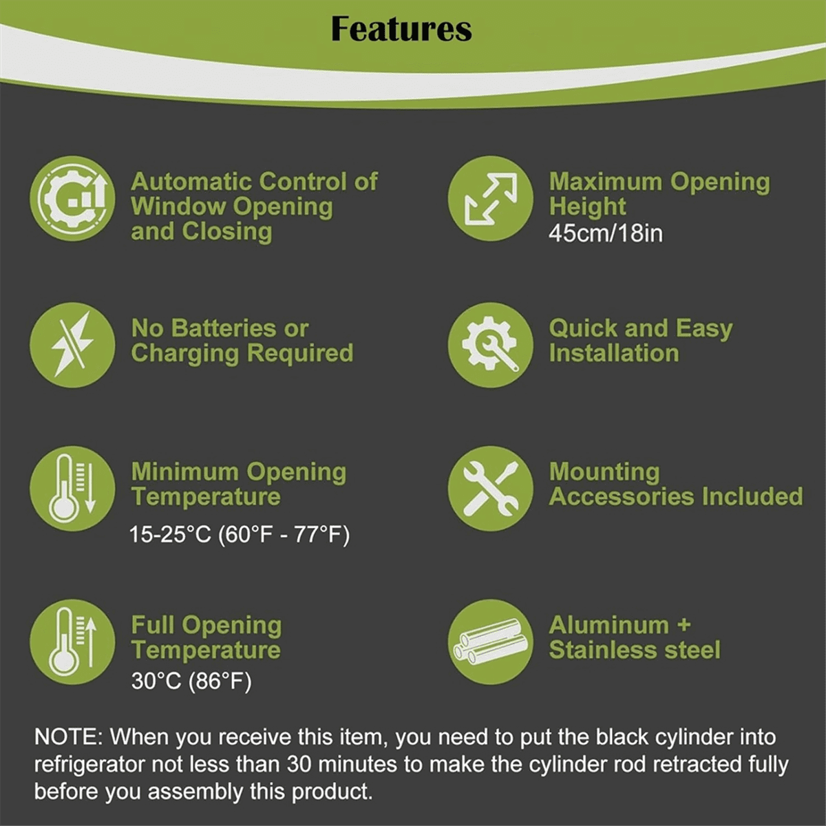 2PCS Auto Dual Spring Opener Automatic Greenhouse Window Opener Roof Vent Opener Garden Ventilation Black & Silver Aluminum alloy