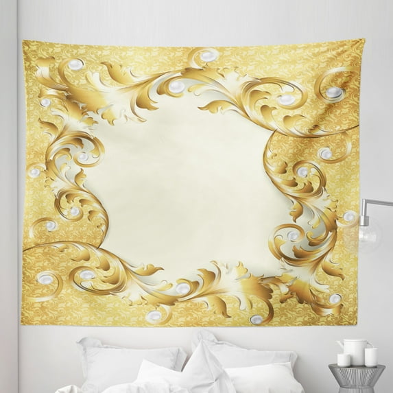 Vintage Tapestry, Illustration of a Frame Ornaments and Stones Baroque Style Floral Patterns, Fabric Wall Hanging Decor for Bedroom Living Room Dorm, 5 Sizes, Cream Yellow, by Ambesonne