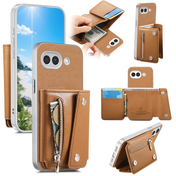 ELEHOLD Zipper Leather Wallet Phone Case for Google Pixel 10A, Shockproof Kickstand Protective Cover with Card Slots and Zipper Pouch, Brown