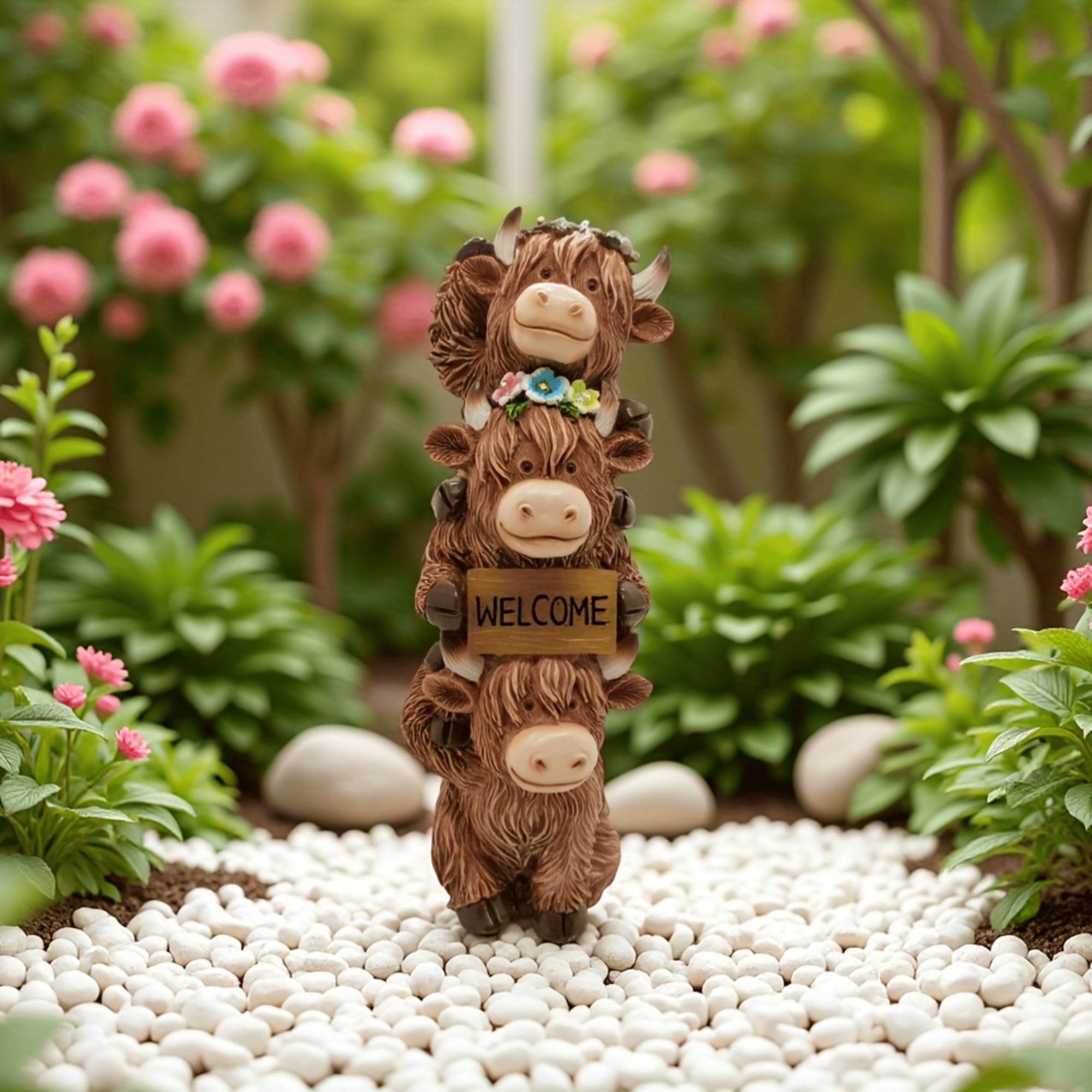 Highland Cow Statue Garden Decor with Glowing Flowers and Welcome Sign Lights, Resin High Mountain Cattle Solar Sculptures for Patio Yard Porch Outdoor Decoration