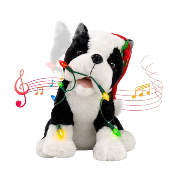 Christmas Animated Singing Plush Dog with Colorful Lights Black & White Animatronic Dog with Red Santa Hat, Christmas Sign, Head Move, Xmas Collectible Figure Gift for Indoor