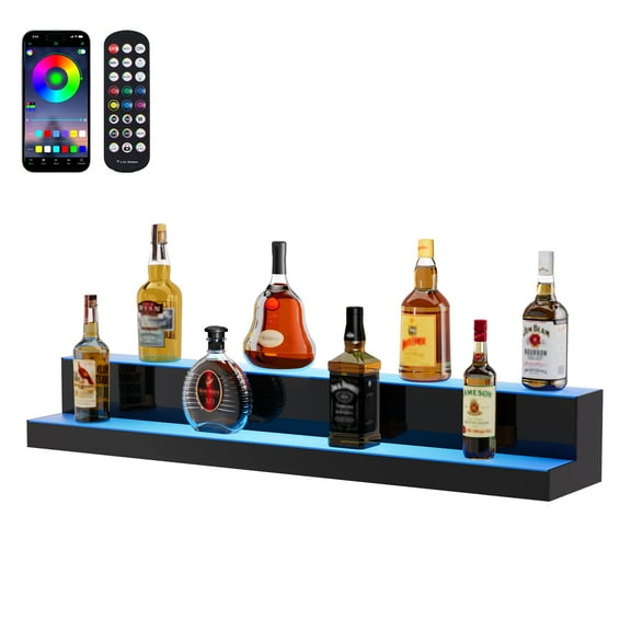 VEVOR LED Lighted Liquor Bottle Display, 2 Tiers 40 Inch Commercial Illuminated Home Bar Shelf, 2 Steps Whiskey Rack Stand, Acrylic Drink Shelves with RF Remote & App Control, and Multicolor lighting