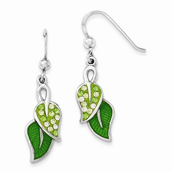 Sterling Silver Preciosa Crystal and Enameled Green Leaves Dangle Earrings - Measures 37x11mm Wide