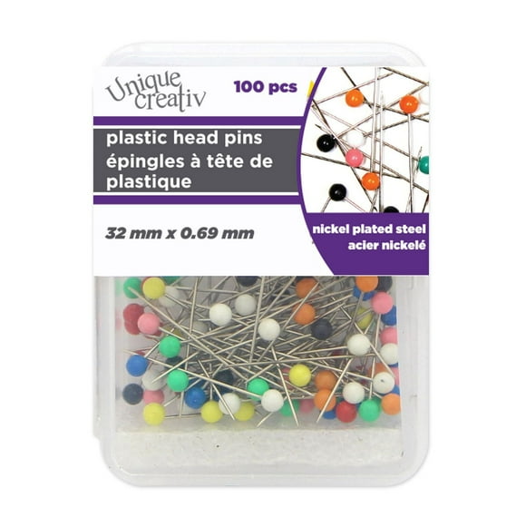 UNIQUE CREATIV Plastic Head Pins — Assorted Colours, 32 mm × 0.69 mm, 100‑Pack