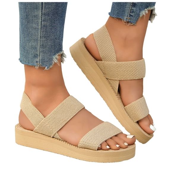 Rokment Women's Platform Beach Sandals Stylish Simple Comfortale Elastic Band Open Toe Chunky Mid Heel Memory Foam Slingback Walking Dress Summer Shoes A Size 6