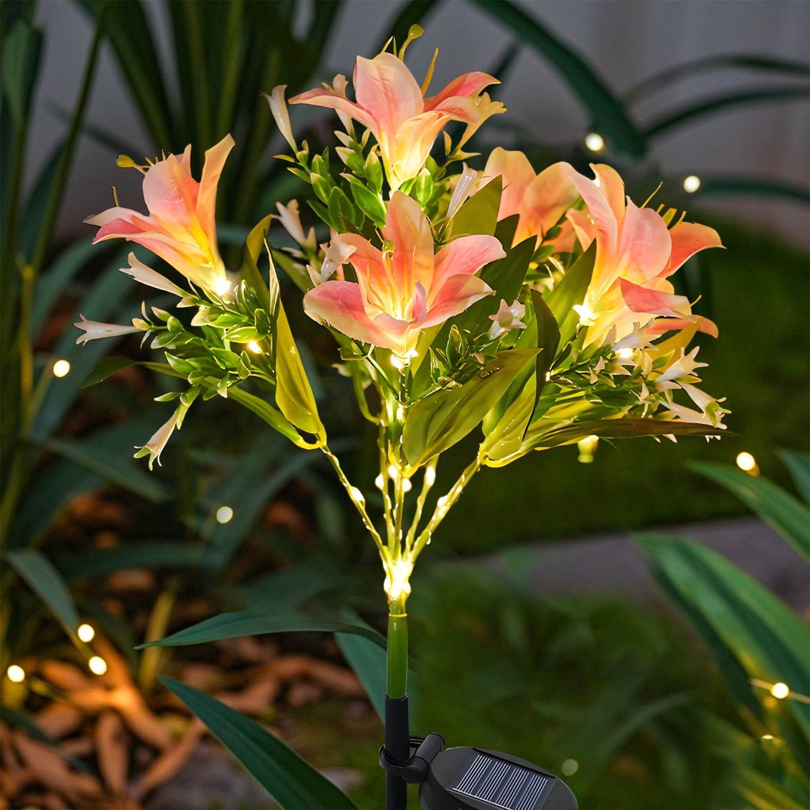 Rnkr 4 Pack Solar Flower Lights Outdoor, 28 LED Waterproof Solar Lily Lights with 4 Color-Changing LEDs for Garden, Yard, Pathway, Lawn, Camping, Patio Decoration
