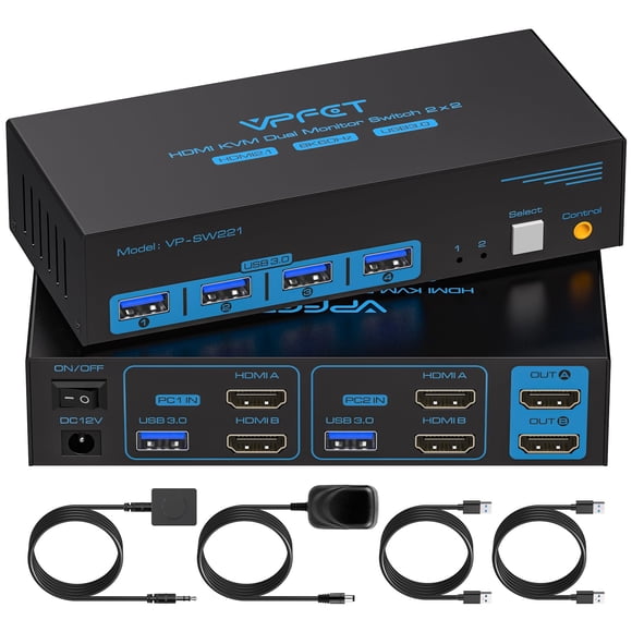8K HDMI KVM Switch 2 Monitors 2 Computers Dual Monitor Support 8K@60Hz 4K@120Hz KVM Switcher PC Extended Display for 2 Port Share 4 USB 3.0 HUB Deskt