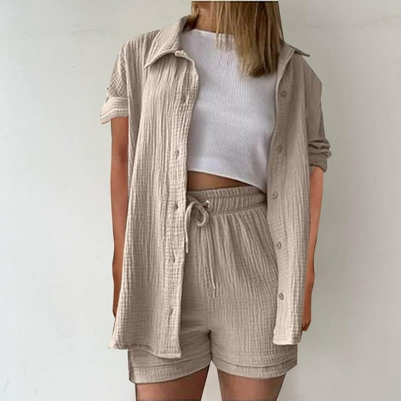 LADIGASU Women's Summer Two Piece Neck Long Sleeve Shirt High Waist Drawstring Large Shorts Casual Set