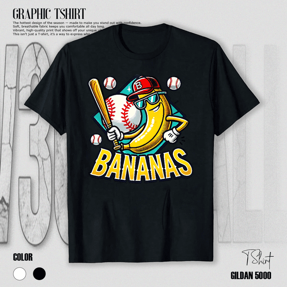 Bananas Baseball Funny Sports Team Mascot Fan Gift Kids Graphic Unisex T-Shirt V10399, up to Size 5XL