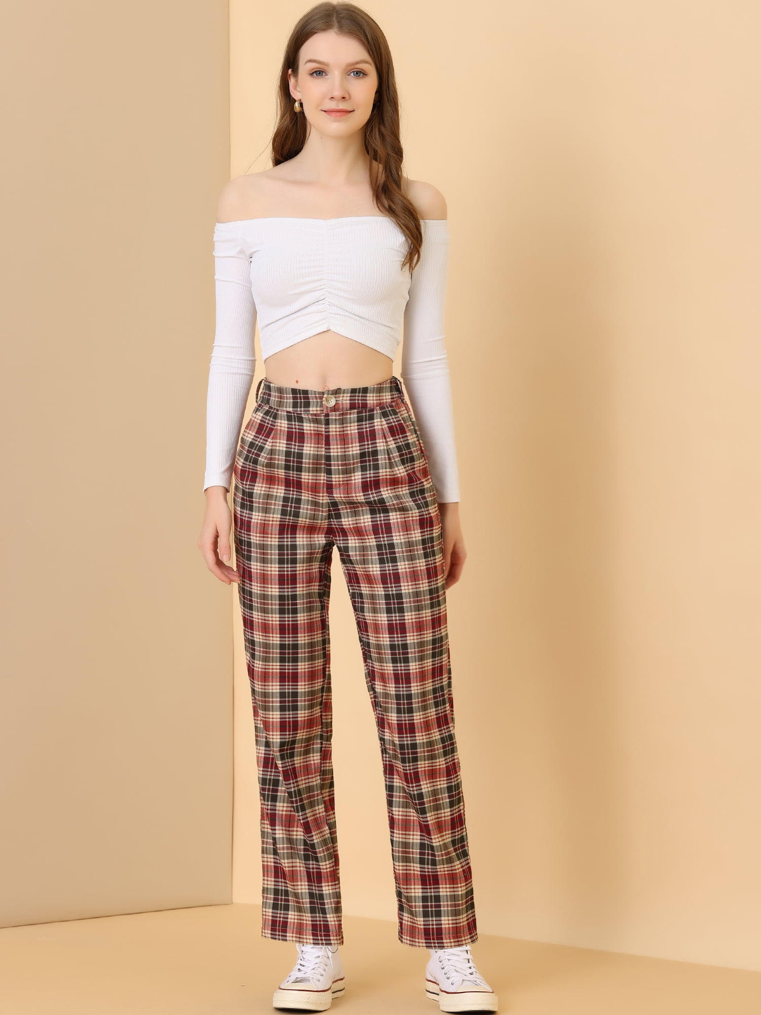 DARING DIVA Women's Plaid Trousers Pockets Straight Leg Casual Pant XS Red Brown Beige