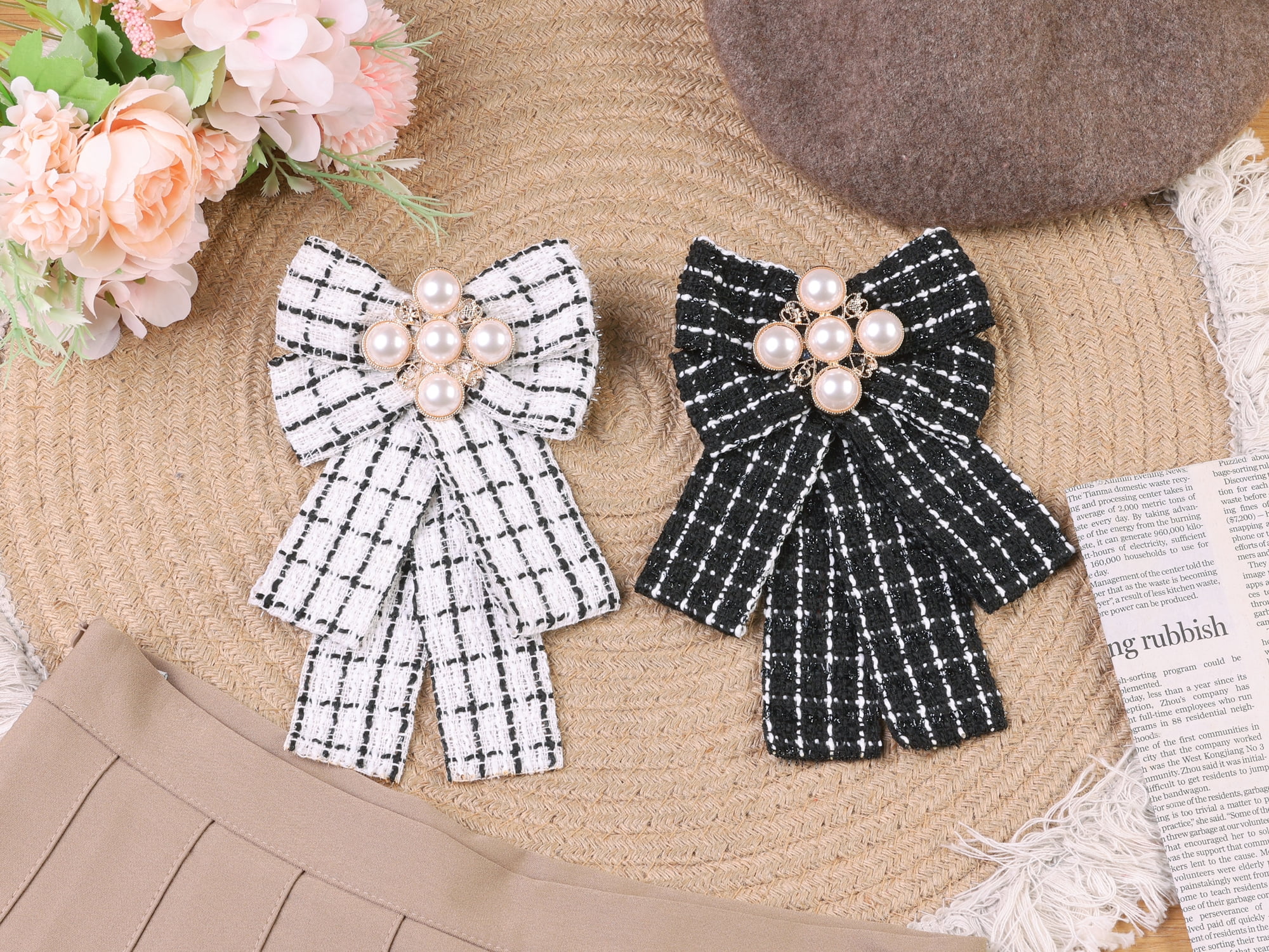 DARING DIVA Women's Ribbon Beads Pre-Tied Plaid Pattern Bow Tie Black