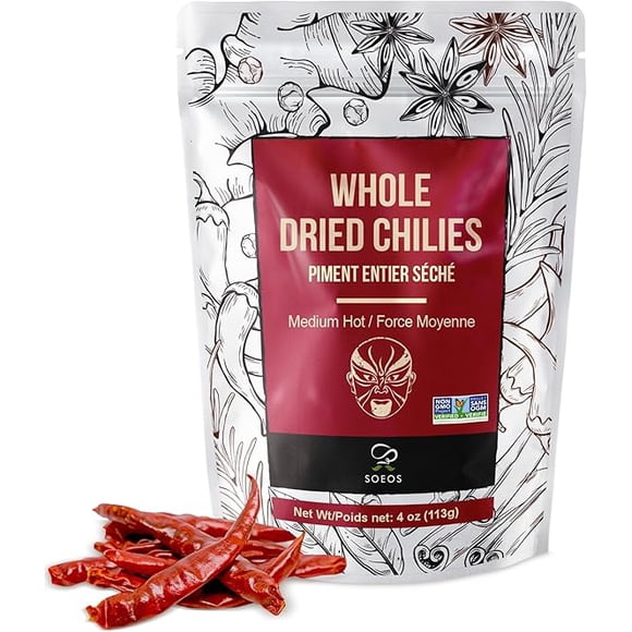 Soeos Whole Dried Chili 4oz, Medium Spicy, Natural and Premium, Great for Mexican Recipes, Dry Szechuan Pepper, Dry Chile Peppers, Sichuan Pepper, Dried Red Chilie, WholeDried Chili Peppers.