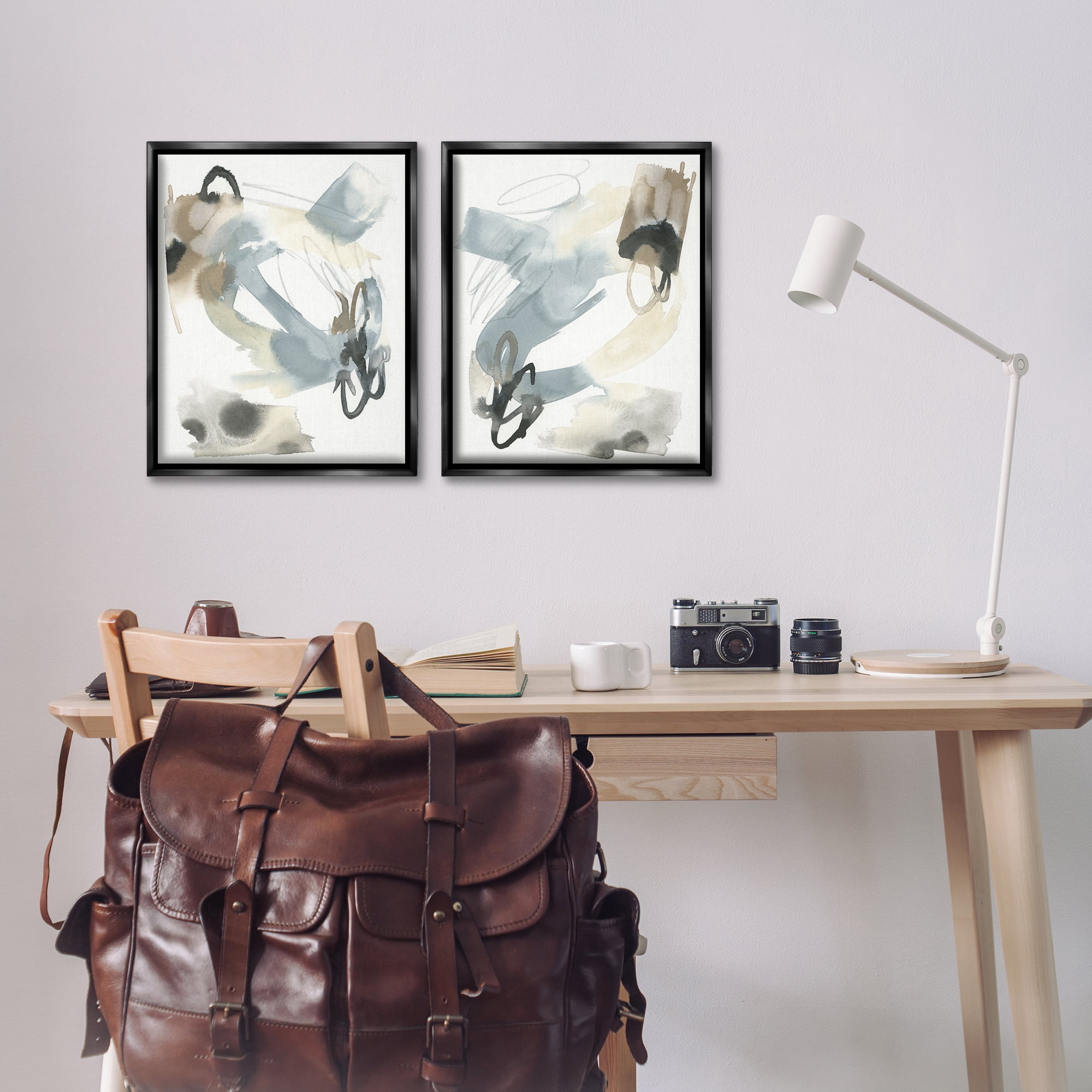 Stupell Industries Abstract Gray Brown Watercolor Abstract Painting Black Floater Framed Canvas Art Print Wall Art, 17 x 21, Set of 2