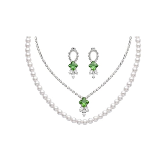 RK Art Jewelry - Silver-Tone Pearl & Green Crystal Necklace Set with Matching Earrings for Women | Elegant Party & Bridal Jewelry