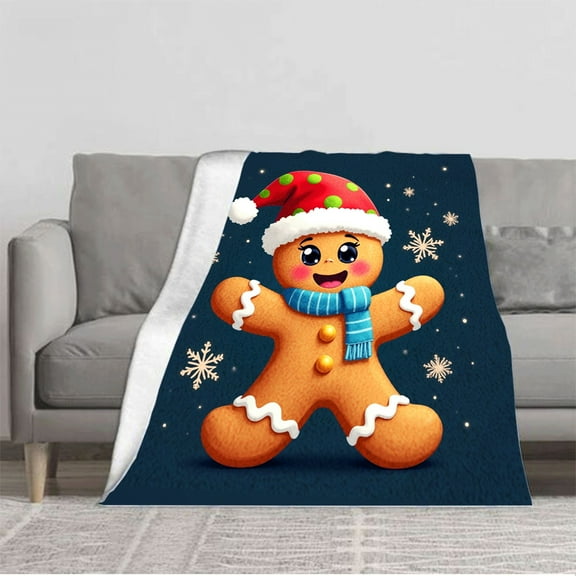Cozy Flannel Blanket with Festive Gingerbread Man Design - Soft Warm Perfect for Sofa Travel Bed and Chair - Winter Holiday Decor